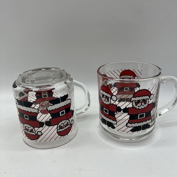 Vintage 2 Luminarc Red Stripe Santa Claus Christmas Mugs Coffee Holiday St Nick - Picture 11 of 12